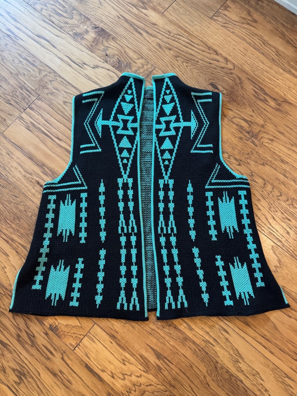 Black Knit Vest with Teal Geometric Pattern - Women's Sweater Cardigan